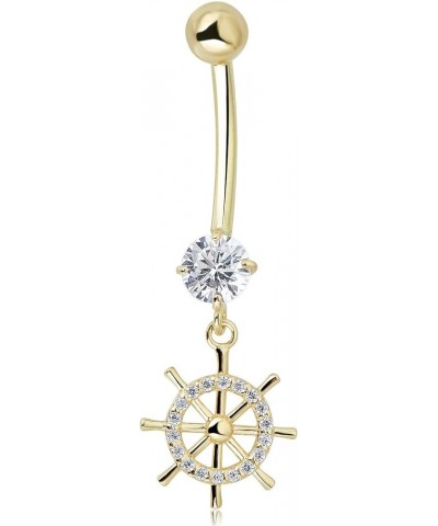 10K Gold Simulated Diamond CZ Nautical Ship Wheel Dangling Belly Button Ring Body Jewelry (14 Gauge) Yellow Gold $63.55 Body ...