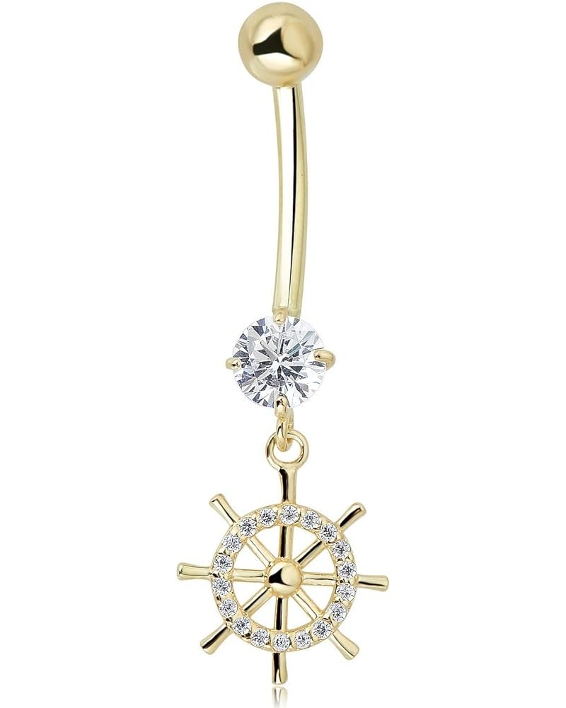 10K Gold Simulated Diamond CZ Nautical Ship Wheel Dangling Belly Button Ring Body Jewelry (14 Gauge) Yellow Gold $63.55 Body ...