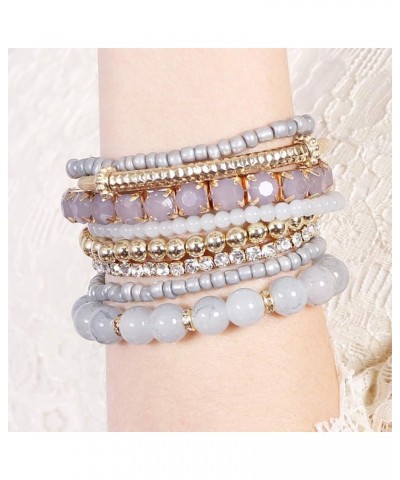 Multi Color Stretch Beaded Stackable Bracelets - Layering Bead Strand Statement Wrap Bangles Original - Light Grey 7.0 Inches...