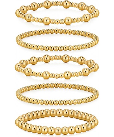 Gold Bracelets for Women Stretch Gold Beaded Bracelets for Women Girls 14K Gold Plated Stackable Bead Ball Bracelet Sets Styl...