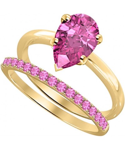 Solitaire Pear Shape Created Pink Sapphire Wedding Band Engagement Bridal Ring Set For Women 18k Gold Over .925 Sterling Silv...