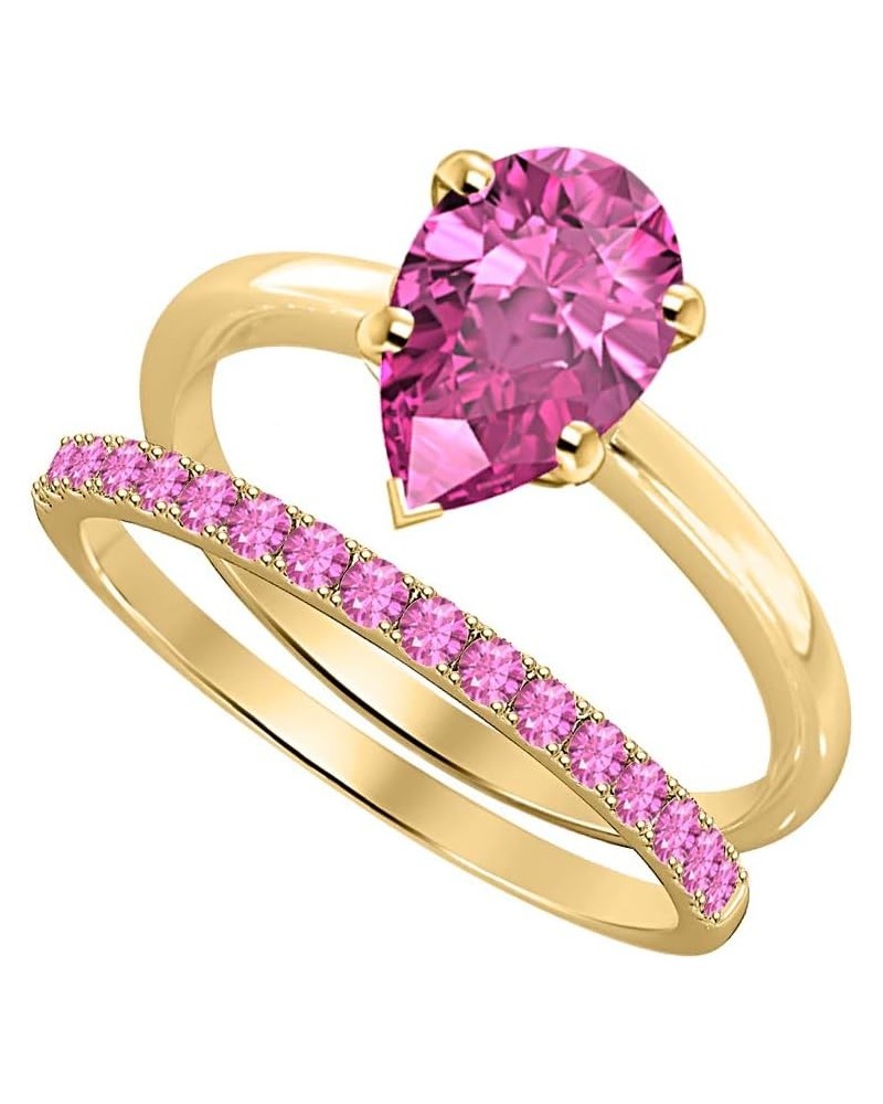 Solitaire Pear Shape Created Pink Sapphire Wedding Band Engagement Bridal Ring Set For Women 18k Gold Over .925 Sterling Silv...