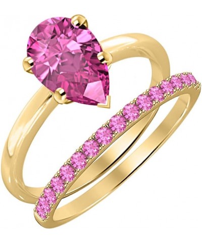 Solitaire Pear Shape Created Pink Sapphire Wedding Band Engagement Bridal Ring Set For Women 18k Gold Over .925 Sterling Silv...