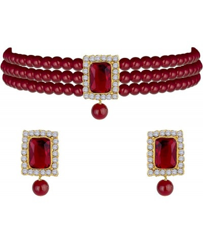 Gold Plated Kundan Jewelry Necklace With Earring Set For Women Maroon 4 $13.33 Jewelry Sets