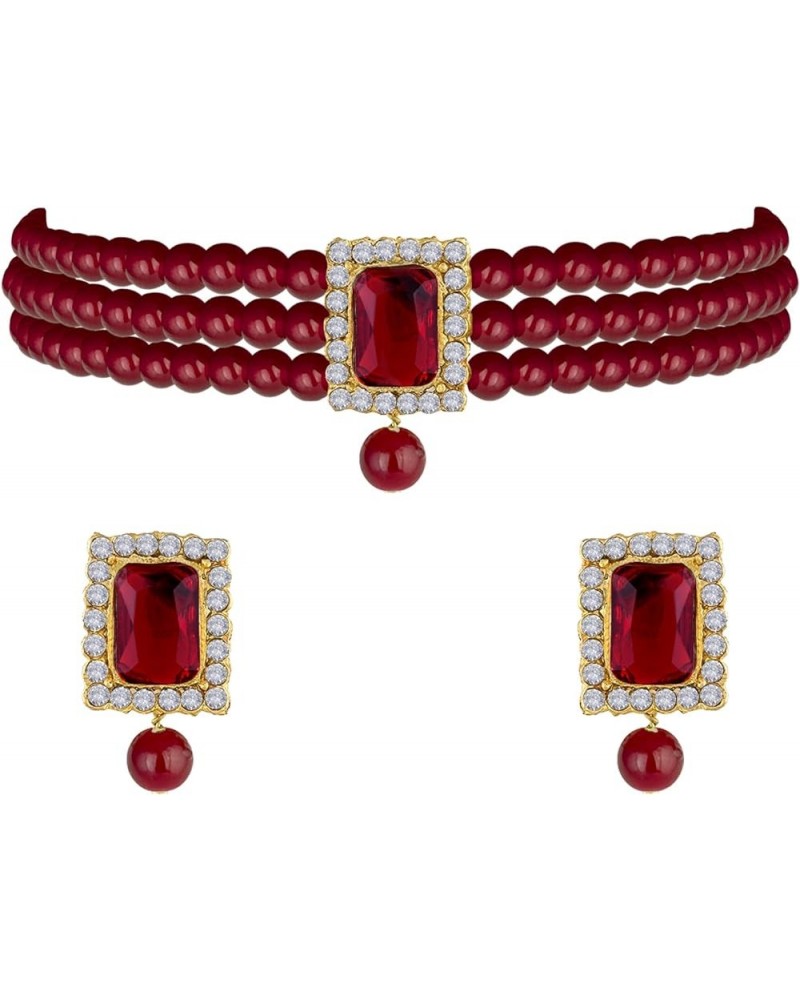 Gold Plated Kundan Jewelry Necklace With Earring Set For Women Maroon 4 $13.33 Jewelry Sets