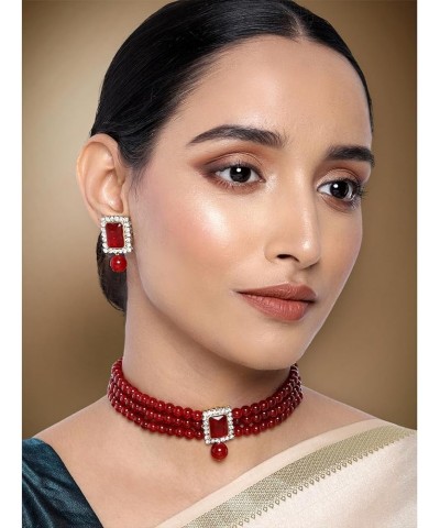 Gold Plated Kundan Jewelry Necklace With Earring Set For Women Maroon 4 $13.33 Jewelry Sets