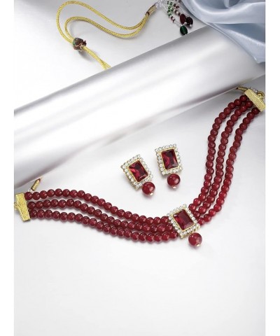 Gold Plated Kundan Jewelry Necklace With Earring Set For Women Maroon 4 $13.33 Jewelry Sets