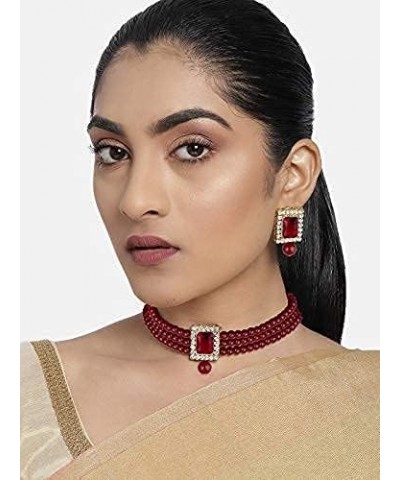 Gold Plated Kundan Jewelry Necklace With Earring Set For Women Maroon 4 $13.33 Jewelry Sets