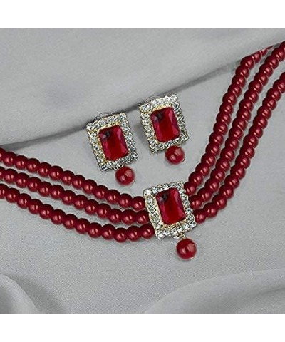 Gold Plated Kundan Jewelry Necklace With Earring Set For Women Maroon 4 $13.33 Jewelry Sets