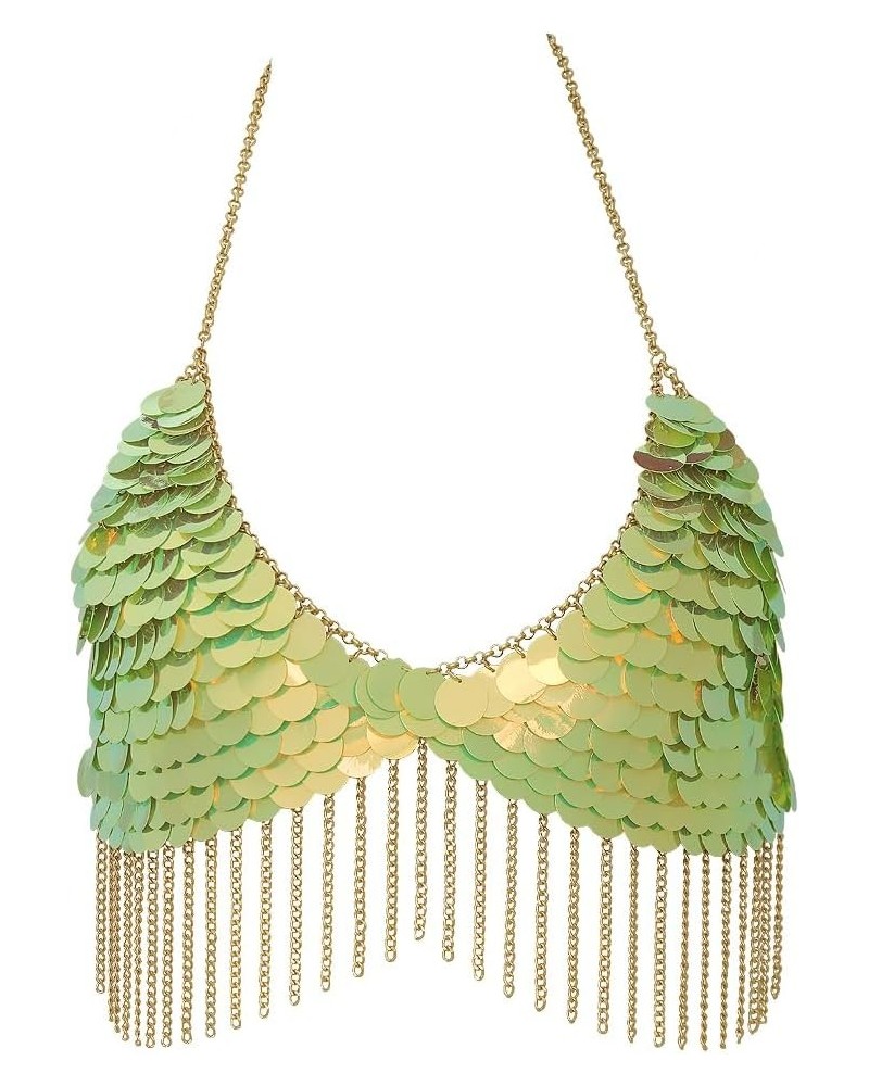 Color Sequin Body Chain Jewelry For Women Sexy Bikini Bra Top Chain Harness Bra Tassels Light green color $18.19 Body Jewelry