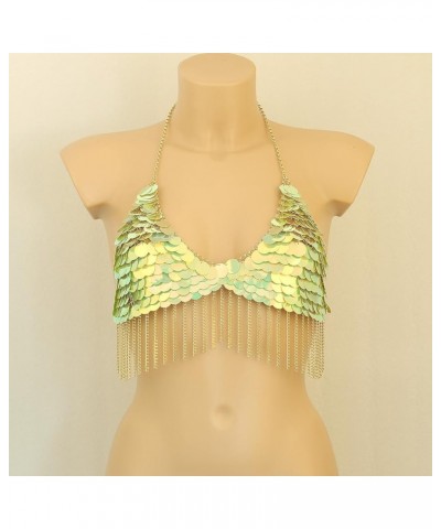 Color Sequin Body Chain Jewelry For Women Sexy Bikini Bra Top Chain Harness Bra Tassels Light green color $18.19 Body Jewelry