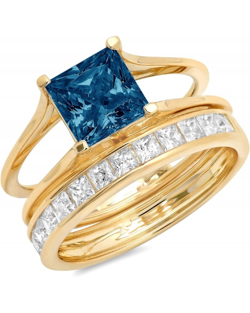 3.5 ct Princess Cut Solitaire Natural London Blue Topaz Designer Engagement Bridal Sliding Ring Band Set 18K Yellow Gold $284...