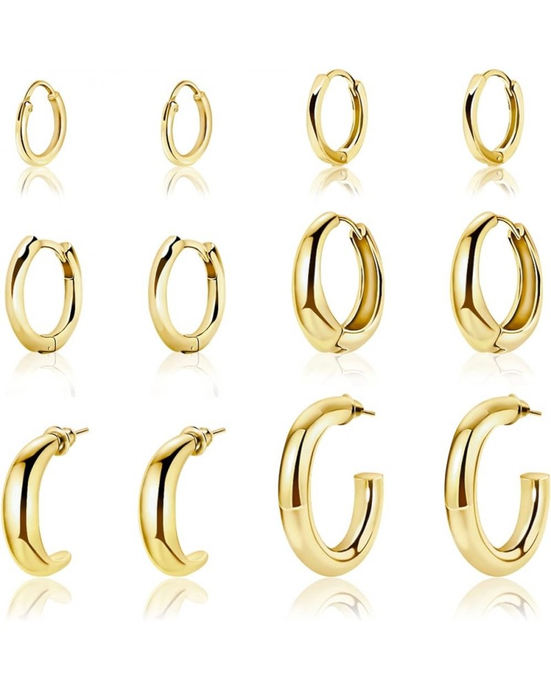 12/9/6 Pairs Chunky Thick & Small Tiny Gold Hoop Earrings Set for Women,Huggie Earrings Multipack 14K Gold Plated Hypoallerge...