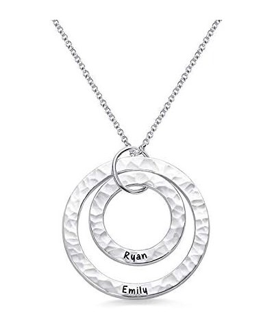 Personalized Engraved Hammered Layer Circle Necklace Pure Silver Engraved Family Necklace 925 Sterling Silver for Her Women 2...