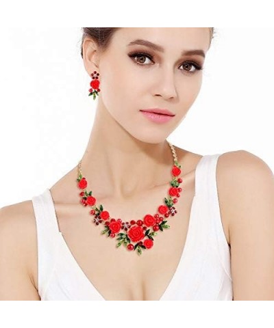 Women's Austrian Crystal Simulated Pearl Rose Flower Leaf Necklace Pierced Earrings Set Earrings+Necklace_Red Gold-Tone $17.9...