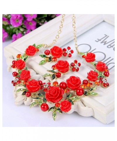 Women's Austrian Crystal Simulated Pearl Rose Flower Leaf Necklace Pierced Earrings Set Earrings+Necklace_Red Gold-Tone $17.9...