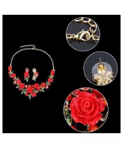 Women's Austrian Crystal Simulated Pearl Rose Flower Leaf Necklace Pierced Earrings Set Earrings+Necklace_Red Gold-Tone $17.9...