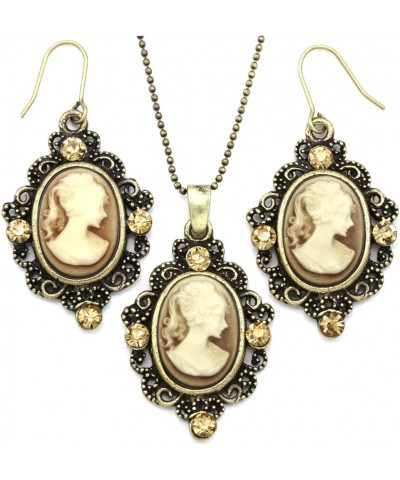 Cameo Necklace Fashion Jewelry Set Pendant Charm Dangle Drop Earrings Gift for Women Brown $11.04 Jewelry Sets