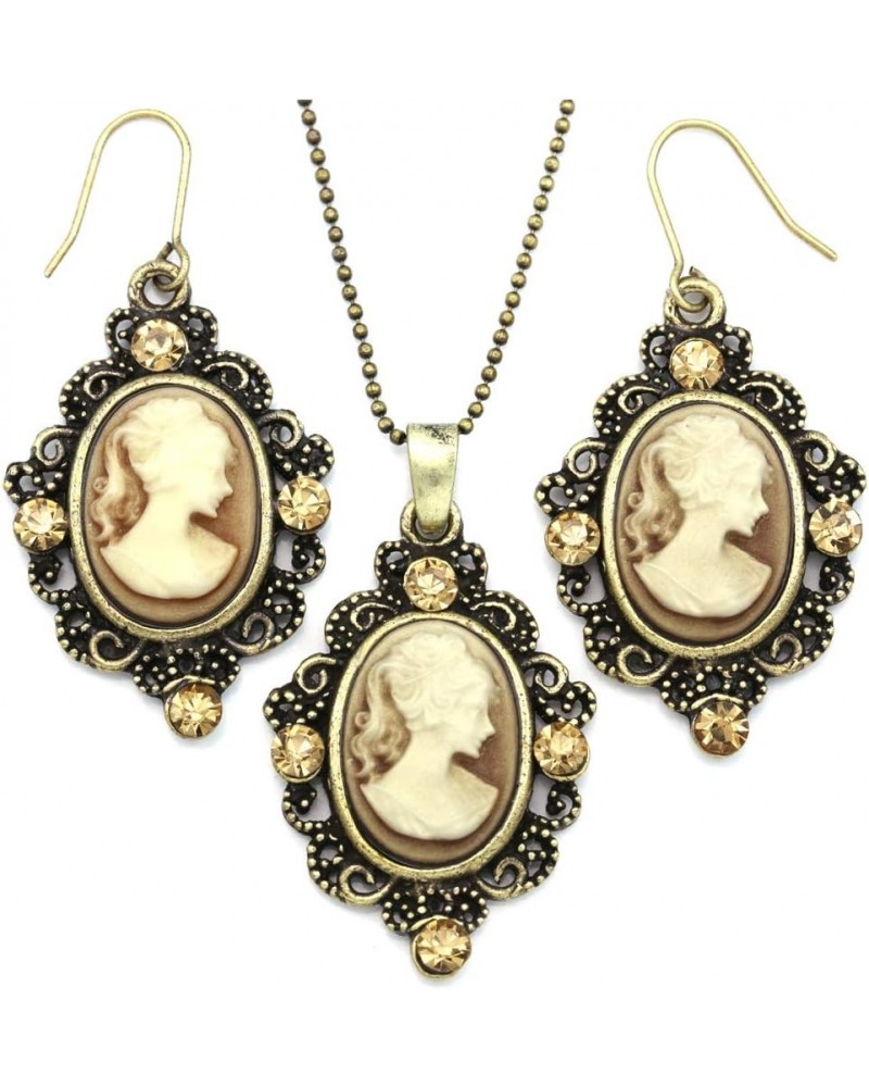 Cameo Necklace Fashion Jewelry Set Pendant Charm Dangle Drop Earrings Gift for Women Brown $11.04 Jewelry Sets