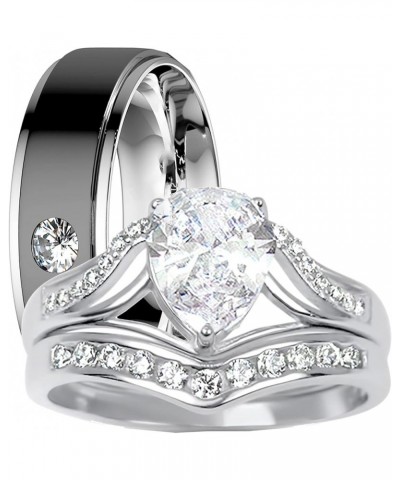 His and Hers TRIO Wedding Rings Set Her Sterling Silver Black Stainless Steel Band for Him Her 5 - His 12 $32.25 Sets