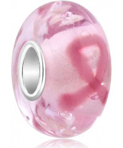 Sterling Silver Breast Cancer Awareness Pink Ribbon Murano Glass Charms Beads For Bracelets $8.00 Bracelets