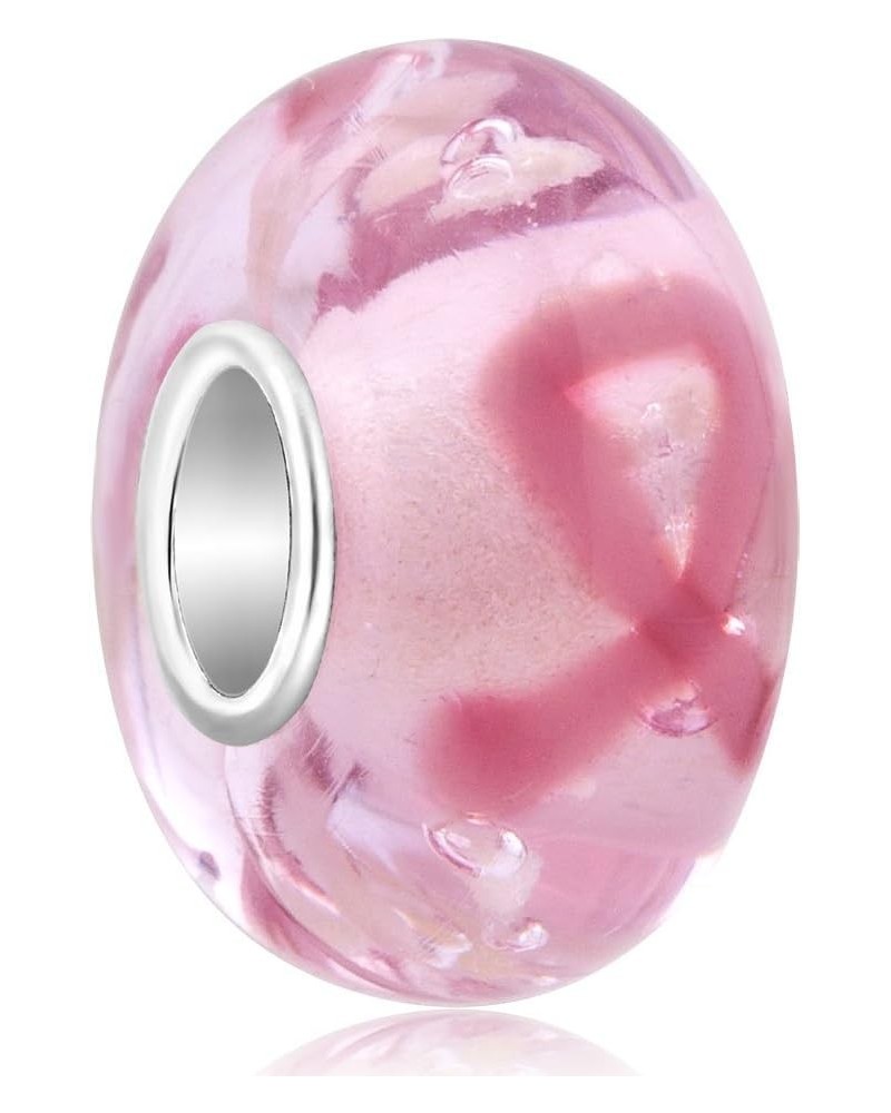 Sterling Silver Breast Cancer Awareness Pink Ribbon Murano Glass Charms Beads For Bracelets $8.00 Bracelets