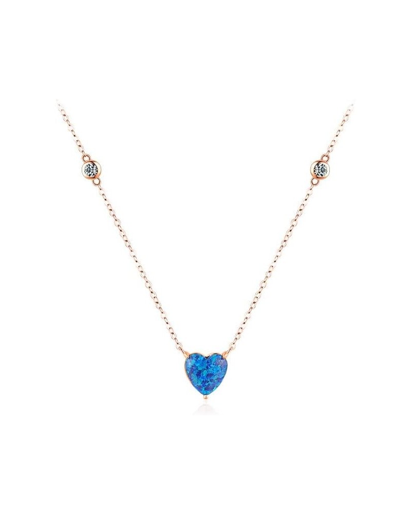 14K Heart-Shaped Blue Opal Pendant Necklace with Moissanite Diamond on Chain, Delicate Gifts for Her Rose Gold $96.52 Necklaces