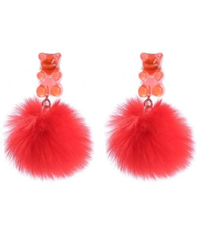 Pom Pom Cute Bear Earrings Fluffy Faux Fur Ball earrings Candy colored Bear earrings for women girls winter jewelry red $6.47...