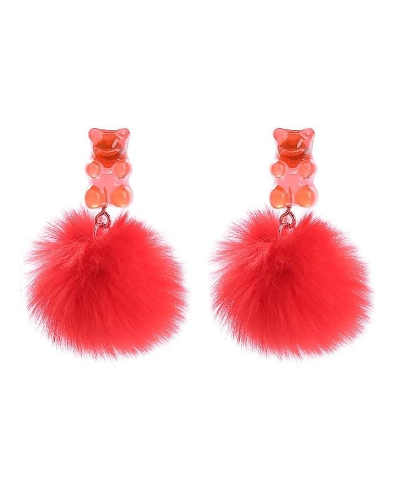 Pom Pom Cute Bear Earrings Fluffy Faux Fur Ball earrings Candy colored Bear earrings for women girls winter jewelry red $6.47...