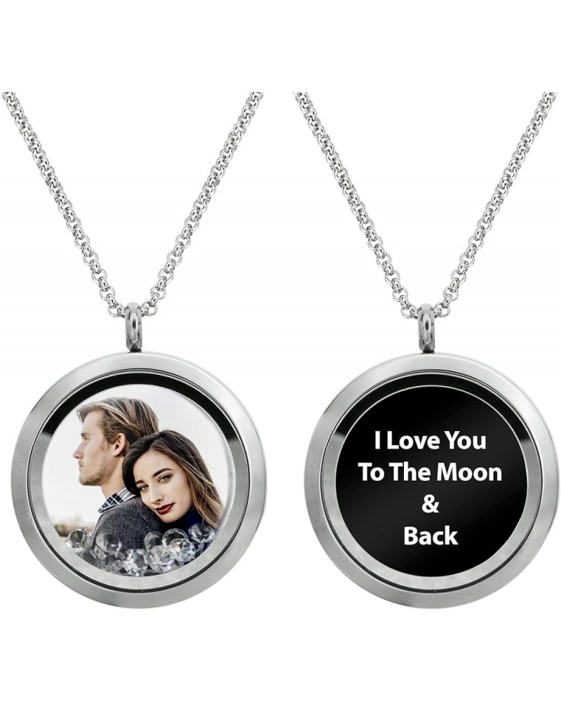 Stainless Steel Personalized Custom Photo Engraving Crystal 30mm Round Pendant Floating Locket Chain Necklace Clear - Color P...