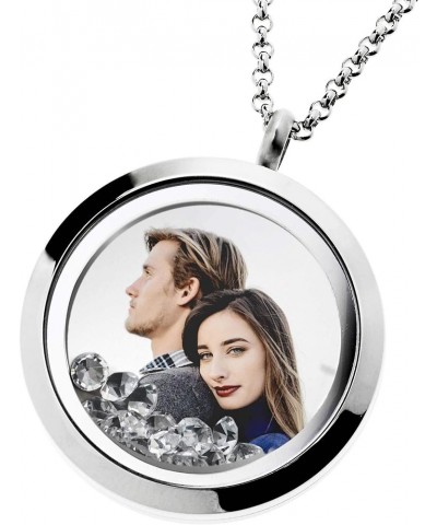 Stainless Steel Personalized Custom Photo Engraving Crystal 30mm Round Pendant Floating Locket Chain Necklace Clear - Color P...