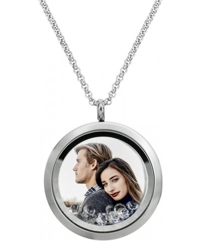 Stainless Steel Personalized Custom Photo Engraving Crystal 30mm Round Pendant Floating Locket Chain Necklace Clear - Color P...