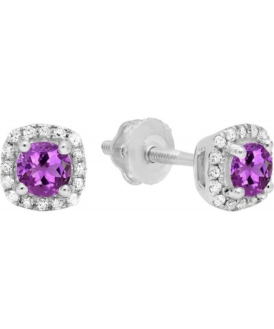 3.50mm Center Round Amethyst & White Diamond Halo Style Stud Earrings for Women in 18K Solid Gold Screw Back Solid White Gold...