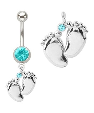 Aqua lt Blue gem Silver Baby Feet Foot Print Dangle Belly Button Navel Ring Piercing bar Body Jewelry 14g $10.55 Body Jewelry