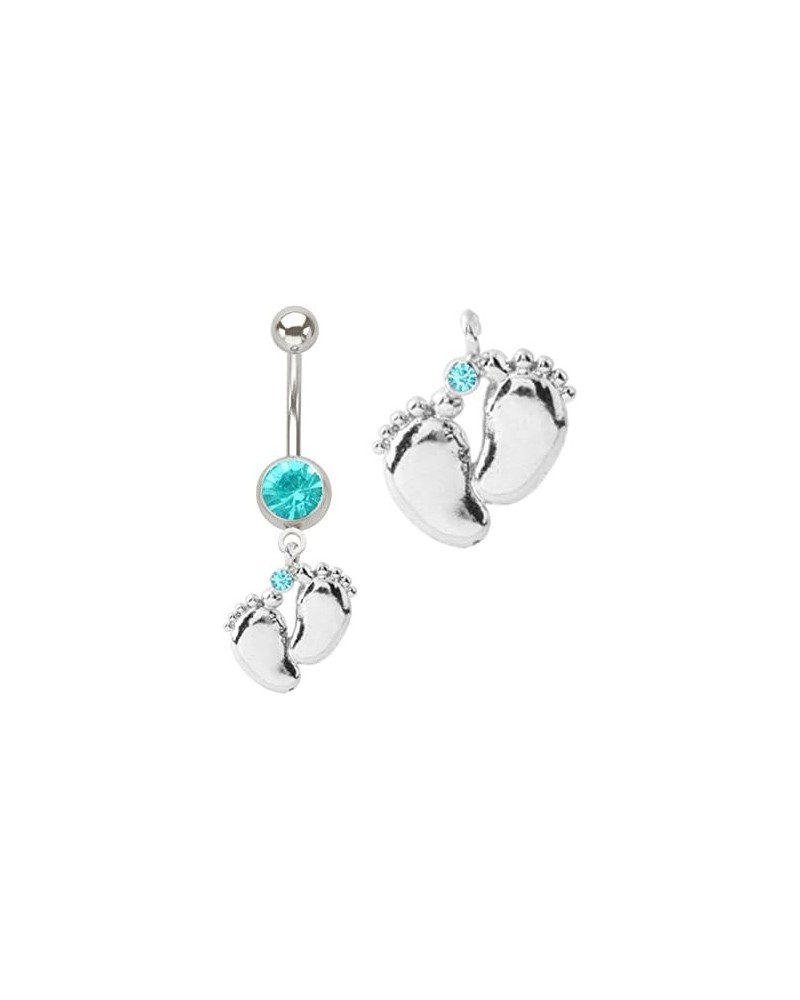 Aqua lt Blue gem Silver Baby Feet Foot Print Dangle Belly Button Navel Ring Piercing bar Body Jewelry 14g $10.55 Body Jewelry