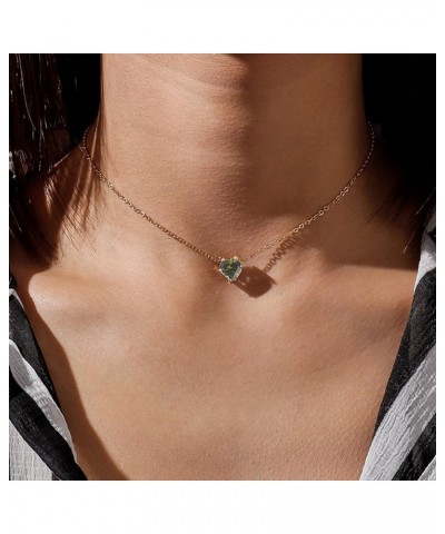 Dainty Necklace for Women Heart Simple 14K Gold plated Necklace Tiny Heart Crystal Choker Necklaces for Women Green $9.59 Nec...