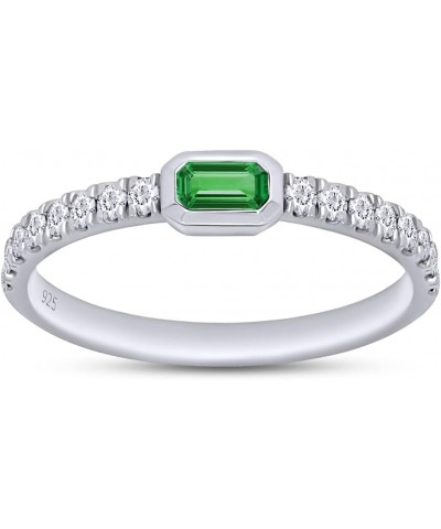 Emerald Cut Simulated Emerald & Round Lab Created Moissanite Diamond Bezel Set Stackable Wedding Ring Band for Women In 14K W...