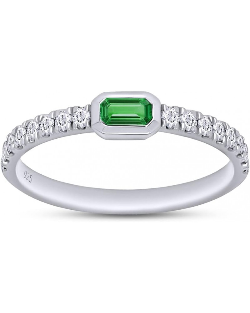 Emerald Cut Simulated Emerald & Round Lab Created Moissanite Diamond Bezel Set Stackable Wedding Ring Band for Women In 14K W...