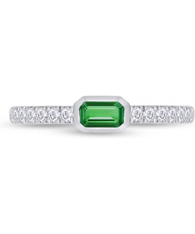 Emerald Cut Simulated Emerald & Round Lab Created Moissanite Diamond Bezel Set Stackable Wedding Ring Band for Women In 14K W...