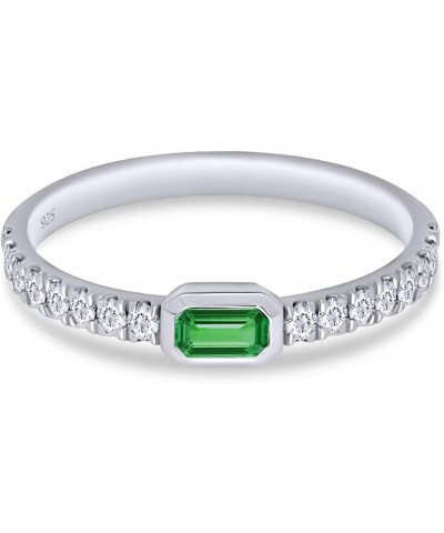 Emerald Cut Simulated Emerald & Round Lab Created Moissanite Diamond Bezel Set Stackable Wedding Ring Band for Women In 14K W...