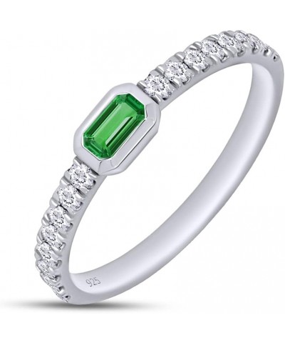 Emerald Cut Simulated Emerald & Round Lab Created Moissanite Diamond Bezel Set Stackable Wedding Ring Band for Women In 14K W...