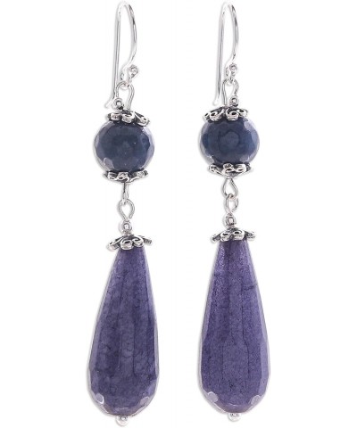 Handmade Agate Dangle Earrings Threaded Blue from Thailand .925 Sterling Silver Beaded Gemstone Birthstone [2.4 in L x 0.4 in...