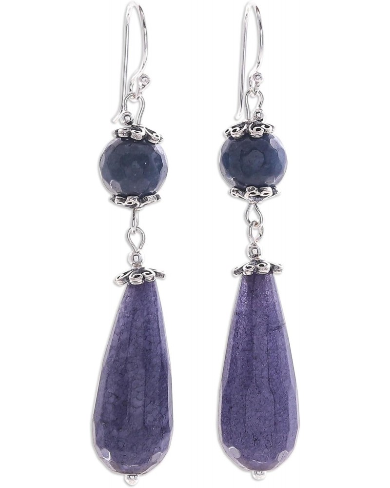 Handmade Agate Dangle Earrings Threaded Blue from Thailand .925 Sterling Silver Beaded Gemstone Birthstone [2.4 in L x 0.4 in...