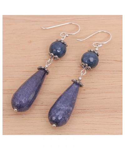 Handmade Agate Dangle Earrings Threaded Blue from Thailand .925 Sterling Silver Beaded Gemstone Birthstone [2.4 in L x 0.4 in...