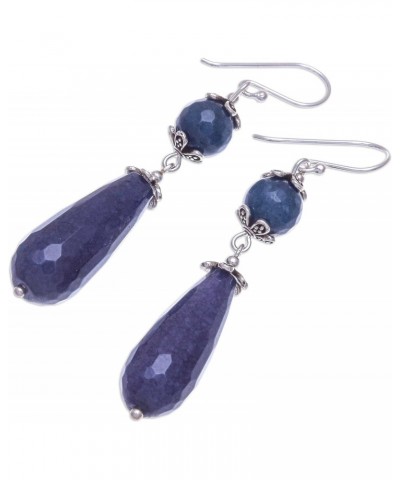 Handmade Agate Dangle Earrings Threaded Blue from Thailand .925 Sterling Silver Beaded Gemstone Birthstone [2.4 in L x 0.4 in...