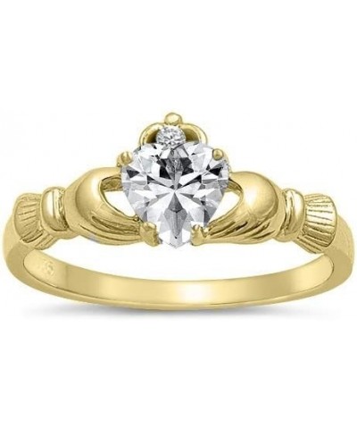 LuxJewelryBySN Claddagh Ring - 925 Sterling Silver Ring – CZ Claddagh Rings – Yellow Gold Plated Clear Simulated Cubic Zircon...