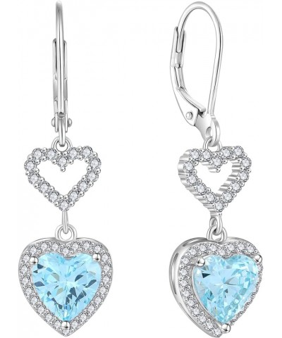 Heart Dangle Drop Earrings Sterling Silver Halo Leverback Earrings Birthstone Jewelry for Women 03-aquamarine-Mar $26.00 Earr...