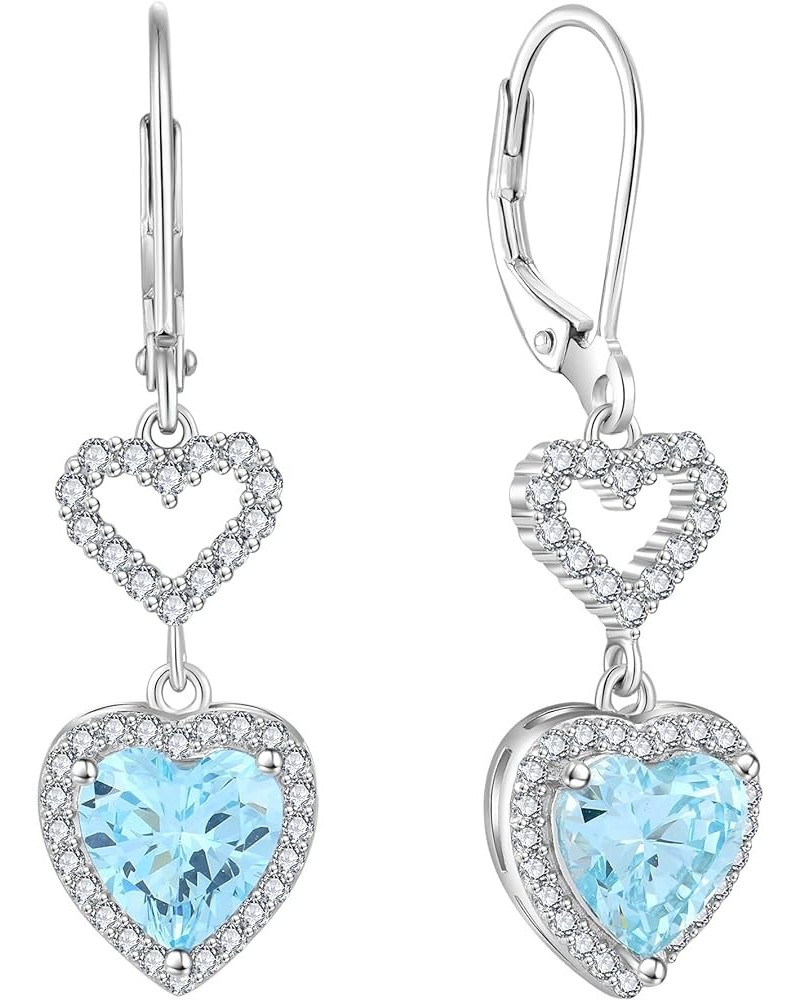 Heart Dangle Drop Earrings Sterling Silver Halo Leverback Earrings Birthstone Jewelry for Women 03-aquamarine-Mar $26.00 Earr...