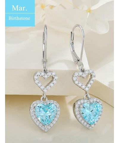 Heart Dangle Drop Earrings Sterling Silver Halo Leverback Earrings Birthstone Jewelry for Women 03-aquamarine-Mar $26.00 Earr...