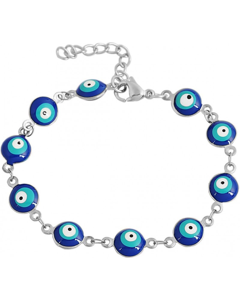 Women's Charm Bracelet Green | Gold Enamel Evil Eye Protection Link Chain Adjustable, 8" (Aqua, Silver-and-Stainless-Steel) $...